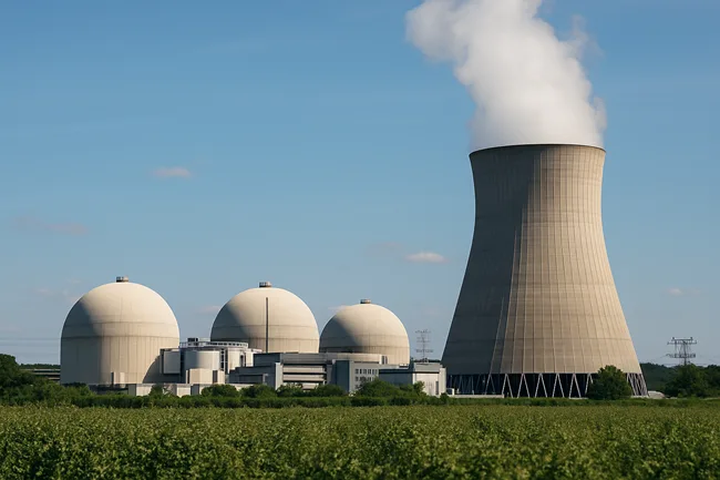 Representative image of a modern nuclear power plant with active cooling towers—symbolizing the global comeback of atomic energy as a key climate solution beyond renewables.