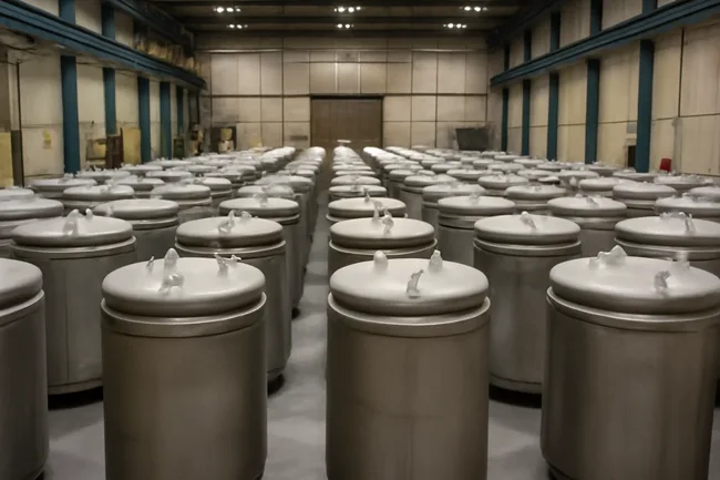 Representative image of a nuclear storage facility at Sellafield, showcasing stainless steel containers used for the secure disposal of plutonium as part of the UK's £154 million plutonium immobilisation programme.
