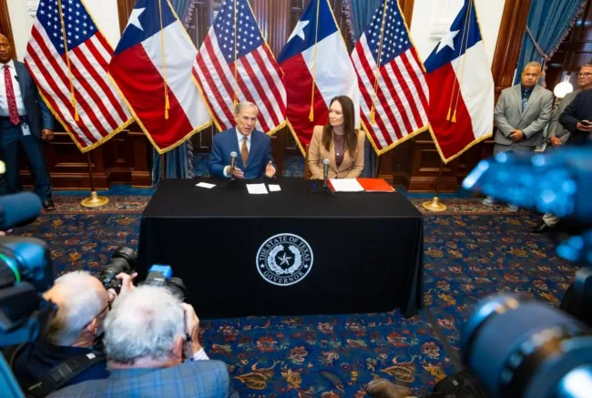 USDA Secretary Brooke Rollins and Texas Governor Greg Abbott announcing new screwworm eradication measures at the Texas State Capitol.