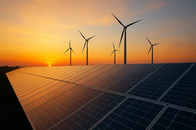 Representative image of solar panels and wind turbines at sunset, symbolizing Sasol’s 2 GW renewable energy target and South Africa’s broader energy transition blueprint.