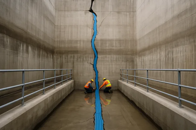 Technicians install a modern waterstop system along a vertical joint in a concrete dam structure to prevent leakage and restore watertight integrity.