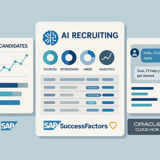 Representative image showing AI-driven recruiting platforms such as SAP SuccessFactors, Workday, and Oracle Cloud HCM, highlighting how artificial intelligence is reshaping enterprise hiring and workforce analytics.