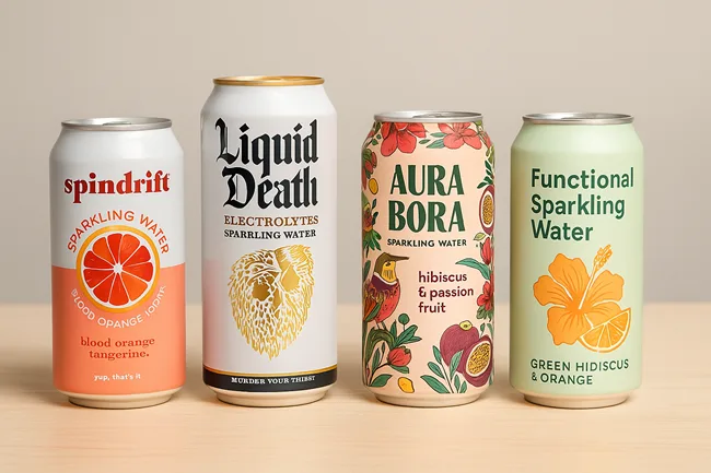 Representative image: Functional sparkling water cans featuring botanical and fruit-infused variants. These wellness-forward beverages are reshaping retail shelves across the U.S. as health-focused consumers turn away from traditional seltzers.