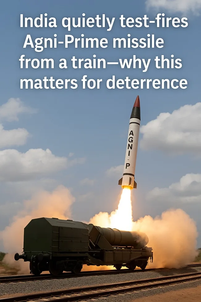 Representative image of India’s Agni-Prime missile being test-fired from a rail-based launcher, highlighting the country’s first successful train-mounted missile launch and its impact on nuclear deterrence.