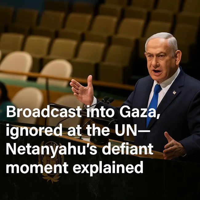 Representative image of Prime Minister Benjamin Netanyahu addressing the United Nations General Assembly, where delegates walked out as his speech was broadcast into Gaza.