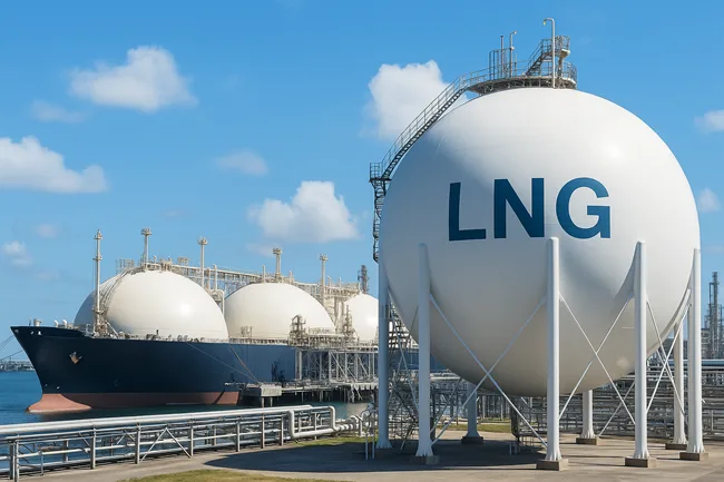 Representative image of liquefied natural gas (LNG) storage tanks and carrier vessels, reflecting NextDecade’s Rio Grande LNG expansion and long-term offtake deals.