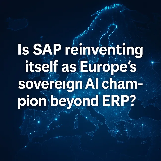 Representative image of SAP’s reinvention as Europe’s sovereign AI champion, highlighting its €20B investment strategy, Delos Cloud, and shift beyond ERP.