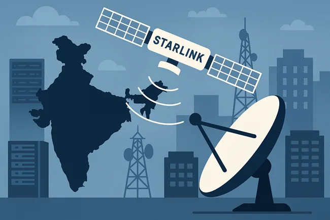 Representative image of Starlink’s satellite internet expansion in India, showing ground stations and telecom integration as Elon Musk’s firm begins rollout plans.