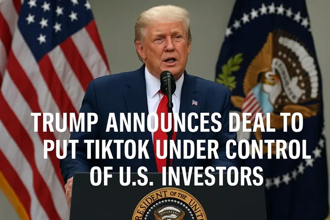 Representative image of Donald Trump announcing a deal to place TikTok under U.S. investor control, highlighting the $14 billion restructuring and digital sovereignty debate.