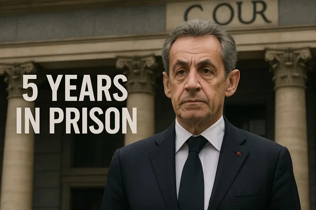 Representative image of former French president Nicolas Sarkozy outside a courthouse, reflecting his five-year prison sentence in the Libya campaign financing case.
