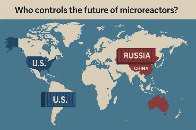 A stylized world map highlighting the United States, Russia, and China, symbolizing the global competition to dominate the future of microreactor technology.
