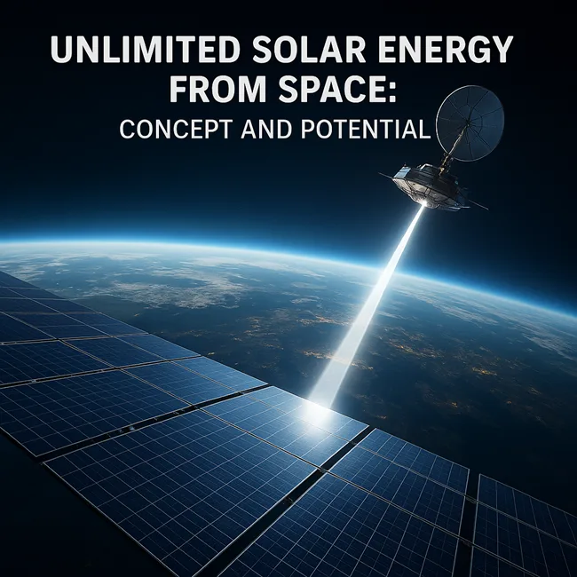 Representative image of a futuristic space-based solar power system beaming clean energy from orbit to Earth, highlighting the potential of constant renewable power.