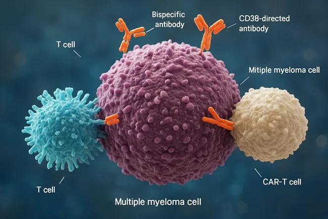 Representative image of immune-based therapies targeting multiple myeloma cells, highlighting how CAR-T and bispecific antibodies could move into earlier treatment lines.