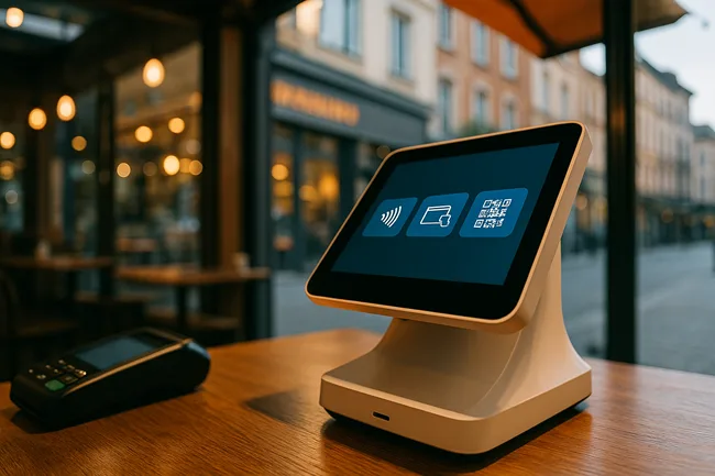 Representative image of a modern point-of-sale terminal in a European café, reflecting the growing footprint of U.S. fintech platforms like Fiserv in Europe’s merchant acquiring market through strategic acquisitions such as AIB Merchant Services.