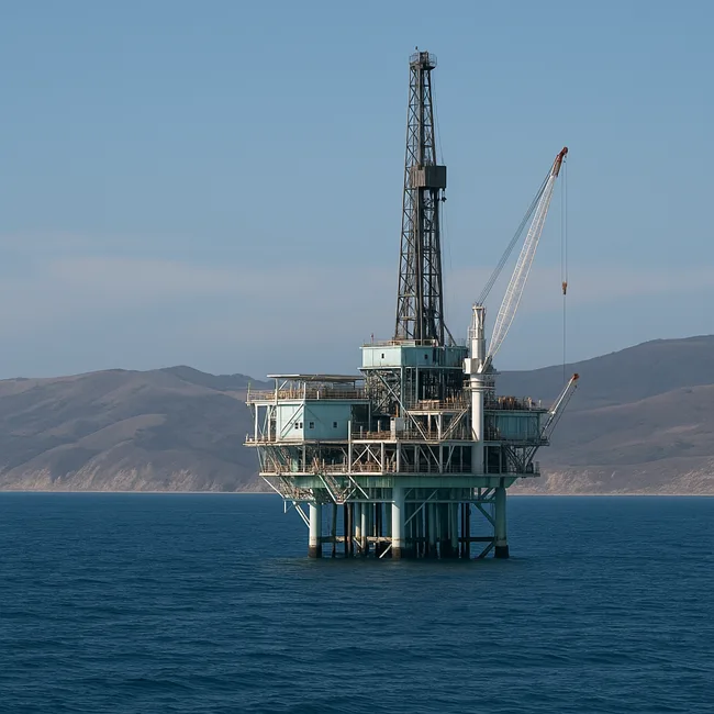 Representative image of an offshore oil platform near the California coast. Sable Offshore Corp (NYSE: SOC) stock fell sharply after Governor Newsom proposed stricter testing rules for dormant pipelines.