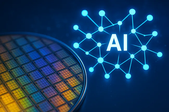 Representative image of semiconductor wafers with AI network overlays, symbolizing the €1.3B ASML–Mistral AI partnership to accelerate chipmaking innovation.