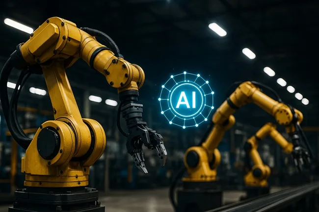 Representative image of industrial robots powered by AI automation, symbolizing the integration of ABB’s robotics technology with SoftBank’s “Physical AI” vision following the $5.38 billion divestment deal.