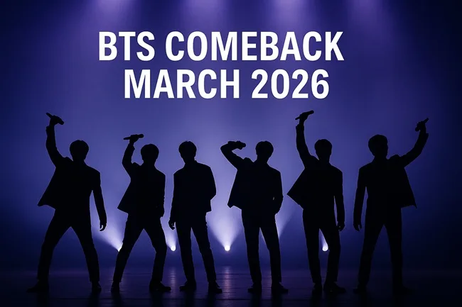 Silhouetted representative image inspired by BTS stage performances, used for illustrative purposes to highlight the group’s signalled March 2026 comeback. No real member likeness depicted.