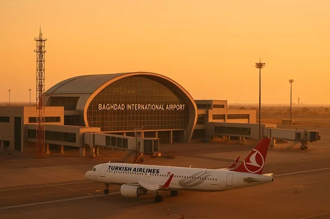 A representative image of Baghdad International Airport at sunset, symbolizing Iraq’s $600 million PPP-led modernization as global consortia from Riyadh, Dublin, and Luxembourg vie to transform the country’s aviation hub.