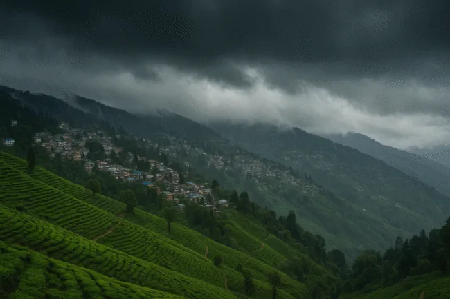 Representative image showing the Darjeeling hills and tea gardens under heavy monsoon rain, illustrating the fragile slopes and isolation during the October 2025 landslides.