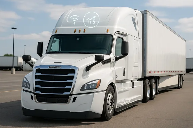 Representative image of a Freightliner truck equipped with connected telematics systems, relating to Daimler Truck Financial Services and GEICO’s new behavior‑based insurance model for small fleet operators.