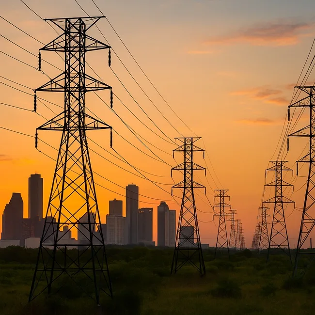 Representative image of Houston’s power grid and transmission towers, reflecting CenterPoint Energy’s $65 billion capital plan to meet rising Texas electricity demand.