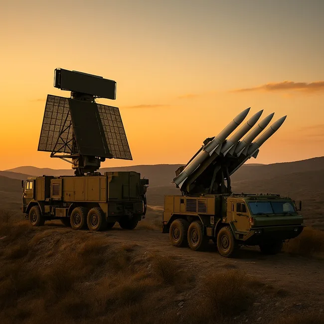 A representative image depicting India’s integrated air defence system under Mission Sudarshan Chakra, showing radar and missile launch units positioned against a sunset skyline, symbolizing readiness and technological advancement.
