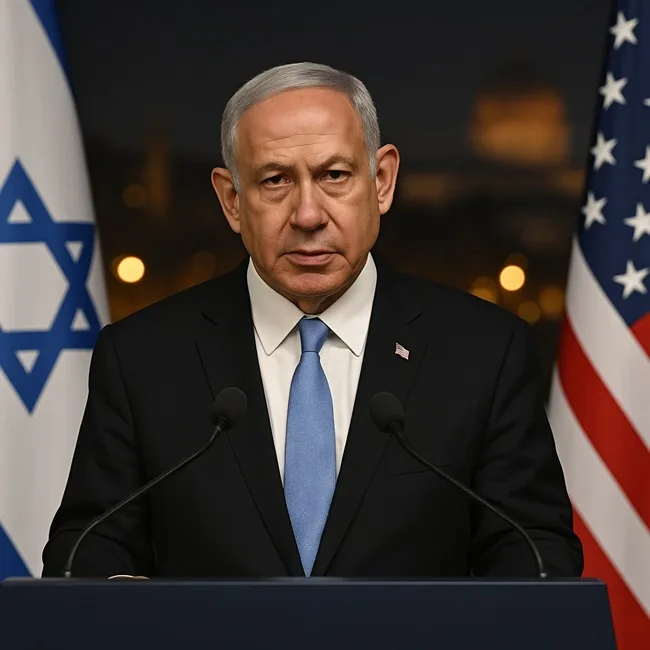 Representative image of Israeli Prime Minister Benjamin Netanyahu addressing a press briefing in Jerusalem as Gaza ceasefire and hostage-release talks intensify, stressing that Hamas must be disarmed through diplomacy or force.