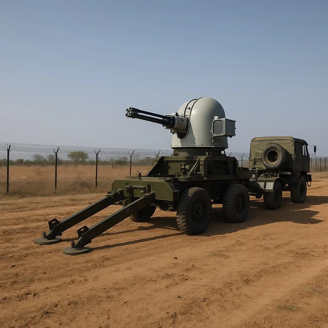 A representative image showing an AK-630 air defence gun system deployed on rugged terrain along India’s western border — symbolizing the Army’s readiness under Mission Sudarshan Chakra.