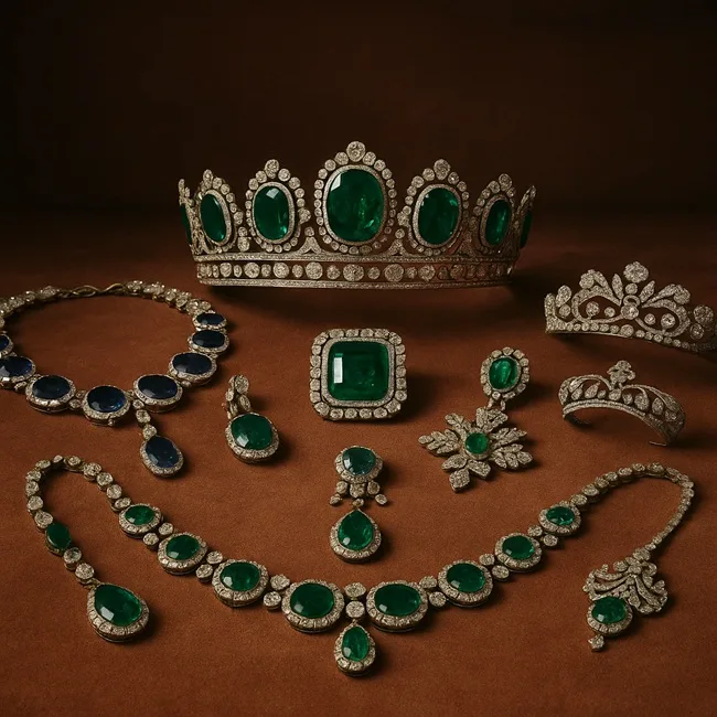 Representative image of Napoleonic-era crown jewels, including emerald tiaras and sapphire necklaces similar to those stolen in the Louvre Museum heist. These historic pieces reflect the imperial legacy of Empress Marie-Louise and Empress Eugénie.