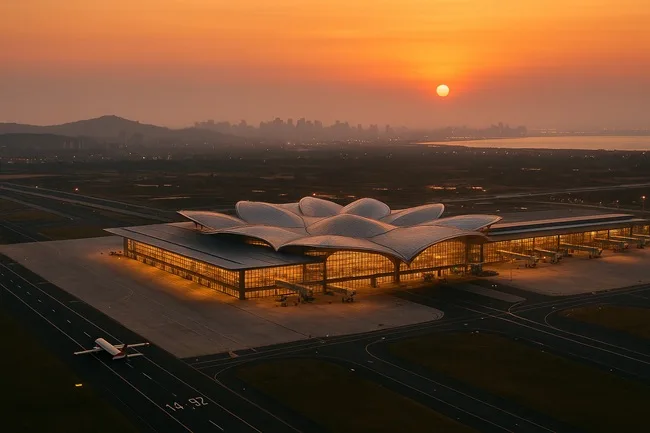 Representative image of the newly inaugurated Navi Mumbai International Airport at sunset, showcasing its lotus-inspired terminal design and modern runway infrastructure — a symbol of India’s next aviation growth phase under Prime Minister Narendra Modi’s vision.