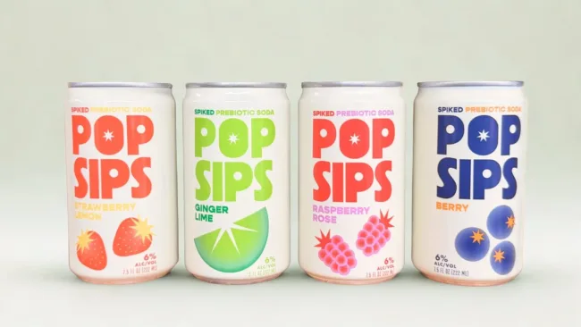 PopSips spiked prebiotic sodas in four core flavors — Strawberry Lemon, Ginger Lime, Raspberry Rose, and Berry — highlighting the clean-label, better-for-you alcohol positioning driving the brand’s retail expansion.