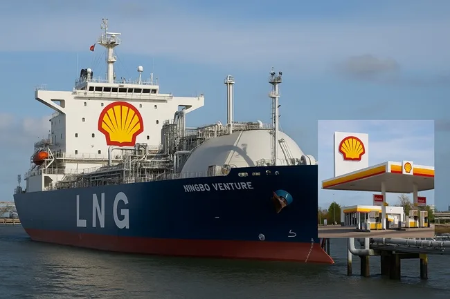 Representative image of Shell plc’s LNG vessel and retail energy network, reflecting how marketing and natural gas infrastructure now power the company’s evolving oil-major strategy in 2025.