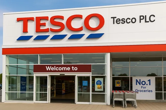 Representative image of a Tesco PLC supermarket in the United Kingdom, reflecting the retailer’s strong half-year FY25/26 results, upgraded profit outlook, and growing investor confidence in its digital and market-share strategy.