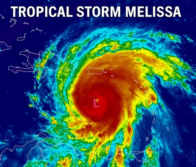 Tropical Storm Melissa strengthens over warm Caribbean waters as island nations prepare for heavy rainfall and flooding. Representative image of a tropical cyclone forming in the Atlantic basin.