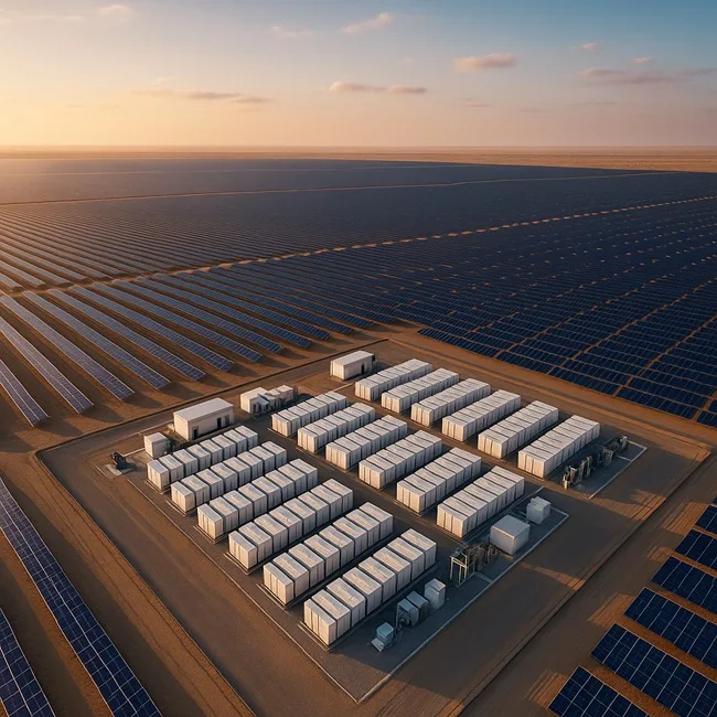 Representative image of a large‑scale solar and battery energy storage facility, similar to the UAE’s gigascale 24/7 renewable power project designed to deliver continuous clean electricity by 2027.