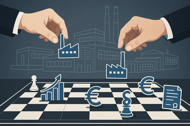 Representative image of business leaders strategizing industrial carve-outs and private equity investments, symbolizing how firms like Carlyle are pursuing value creation in a higher-rate, lower-multiple environment.