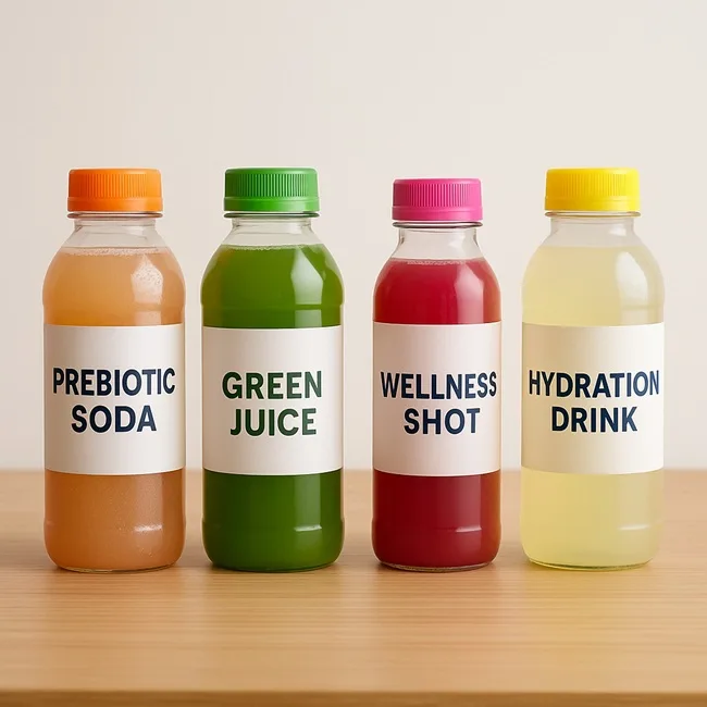 Representative image of clean-label wellness beverages, including prebiotic sodas, hydration drinks, and functional shots—key segments reshaping retail shelf space in 2025