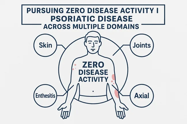 Representative image highlighting domain-specific targets in psoriatic disease care, reflecting the shift toward zero disease activity across skin, joint, axial, and enthesitis domains.