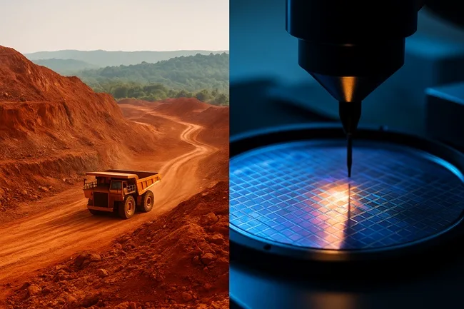 Representative image showing the link between bauxite mining and semiconductor wafer production, highlighting gallium’s role in the global critical minerals and electronics supply chain.