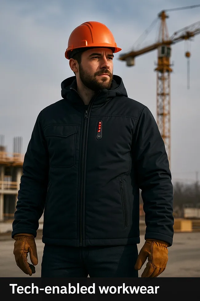 Representative image of tech-enabled workwear designed for outdoor professionals, featuring smart heating elements and rugged construction-site durability