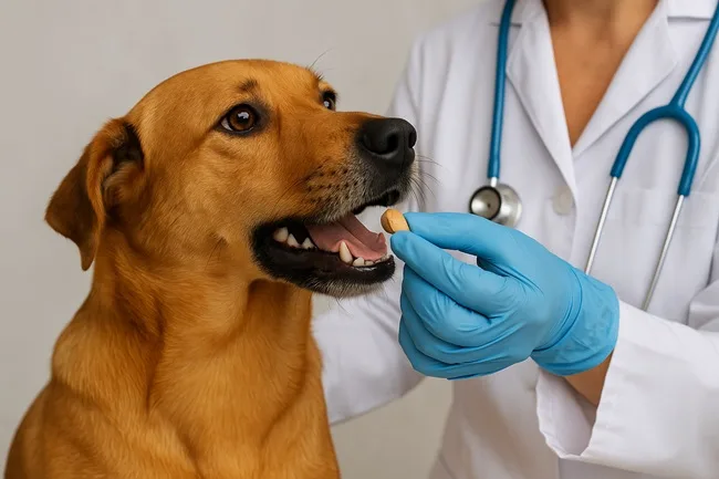 Representative image of a veterinarian administering oral parasite treatment to a dog—related to Elanco’s FDA emergency use authorization for Credelio in New World screwworm preparedness.