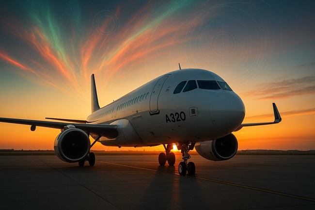 Representative image of an Airbus A320 at sunrise, reflecting growing industry concerns about solar radiation risks and the aviation sector’s focus on flight control safety.
