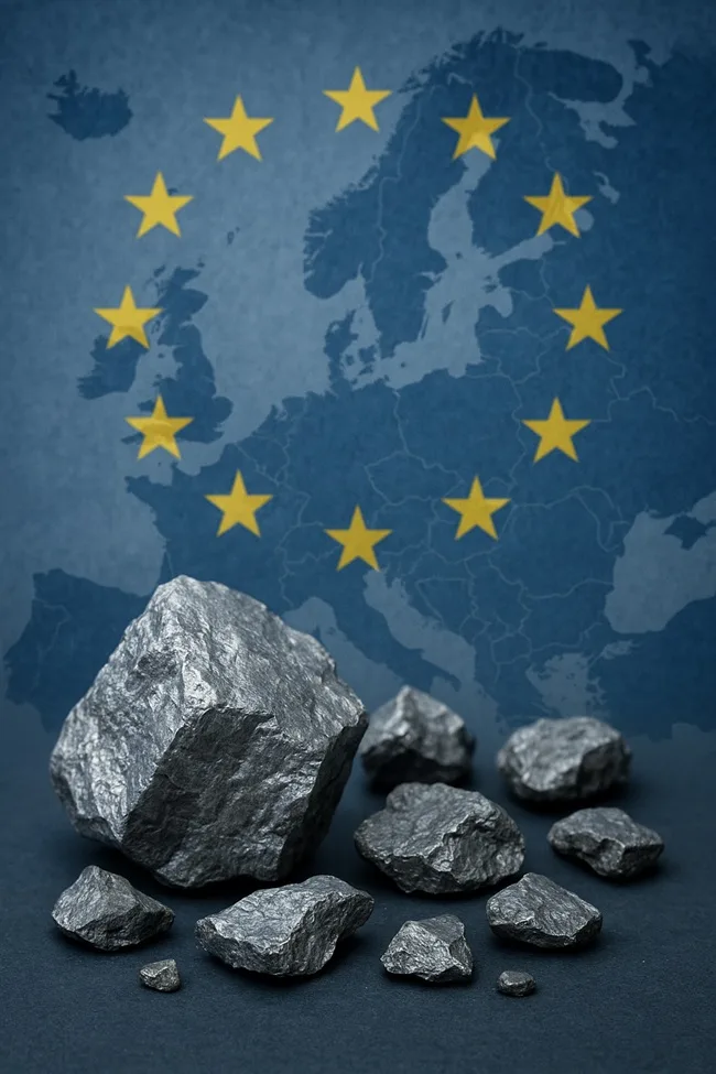 Representative image: Nickel ore pieces placed over the European Union flag, symbolizing Europe’s tightening mineral protectionism and its far-reaching impact on global mining M&A strategies in 2026.