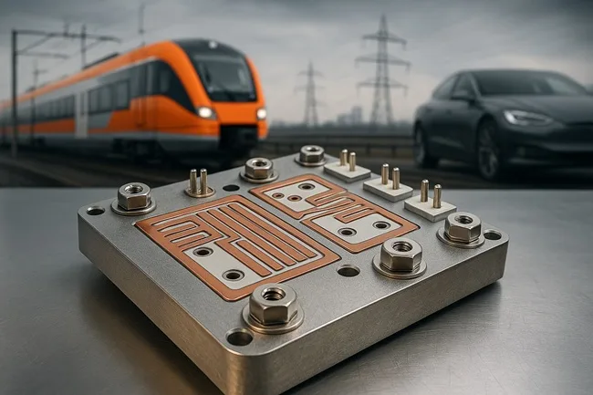 Representative image of aluminium-silicon-carbide (AlSiC) power module components used in electrification infrastructure including high-speed rail, smart grids, and EV inverters.