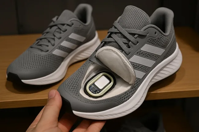 A close-up of a sports shoe revealing a hidden tracking chip embedded in the insole—representative image related to China’s viral “shoe tracker” scandal that has sparked national outrage over privacy and surveillance concerns.