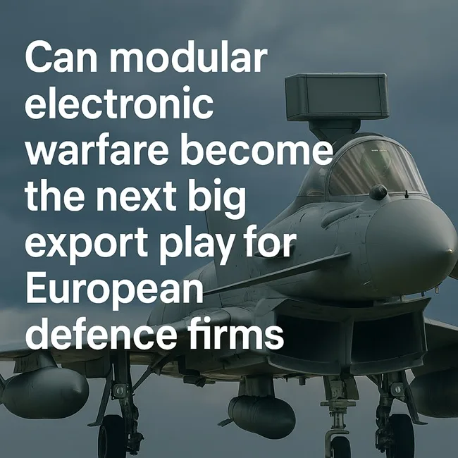 Representative image of a modern European fighter equipped with next‑generation modular electronic warfare systems, reflecting the growing global demand for flexible, export‑ready EW technology.