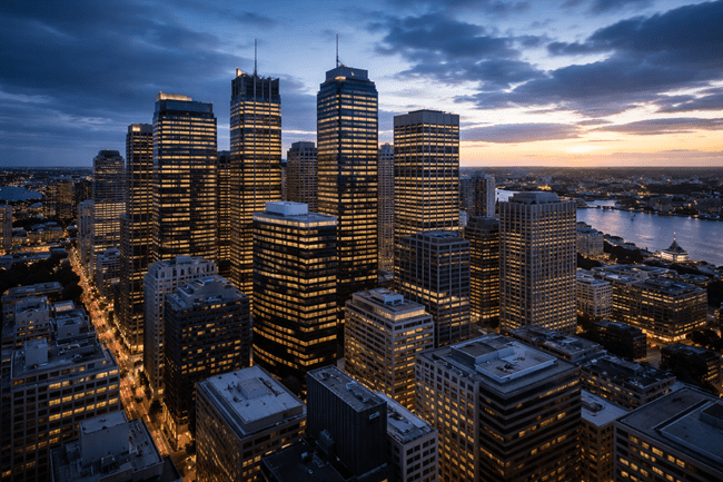 Representative image of Australia’s financial district at dusk, symbolizing the high‑stakes mergers and acquisitions environment where several billion‑dollar deals collapsed in 2025 amid regulatory, valuation, and shareholder challenges.