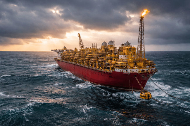 Representative image of an FPSO vessel operating in offshore waters, illustrating the type of infrastructure planned for the Sea Lion oil project led by Rockhopper Exploration and Navitas Petroleum in the North Falkland Basin.