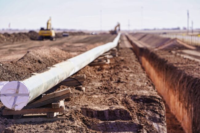 Natural gas pipeline infrastructure under construction at Fermi America’s Project Matador campus in Amarillo, Texas, part of the early groundwork supporting the site’s future 11 GW AI-powered private grid and its new 200 MW electric service agreement with Xcel Energy.